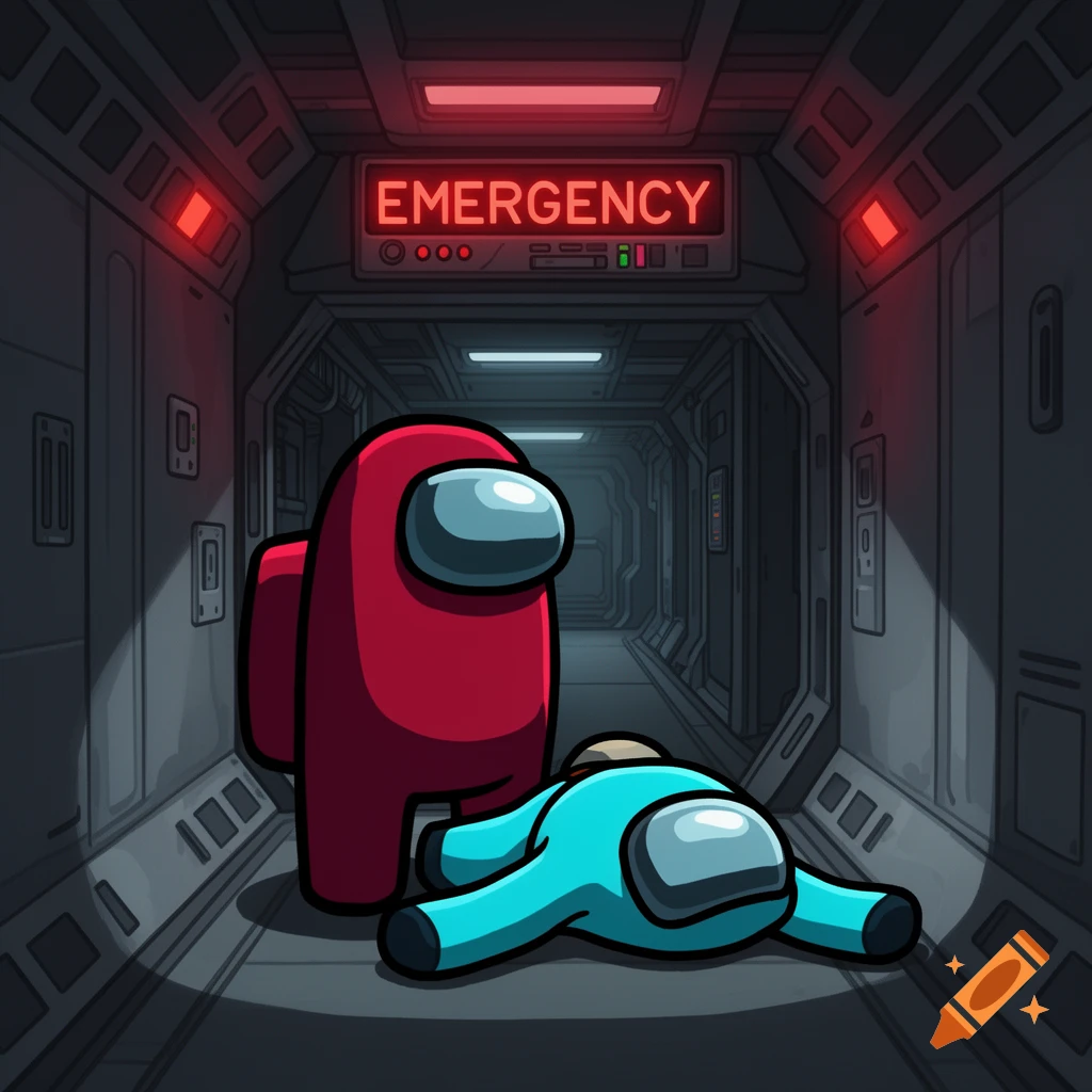 Red Among Us character stands over a dead cyan crewmate in a spaceship corridor under an 'EMERGENCY' sign, in a cartoon style.