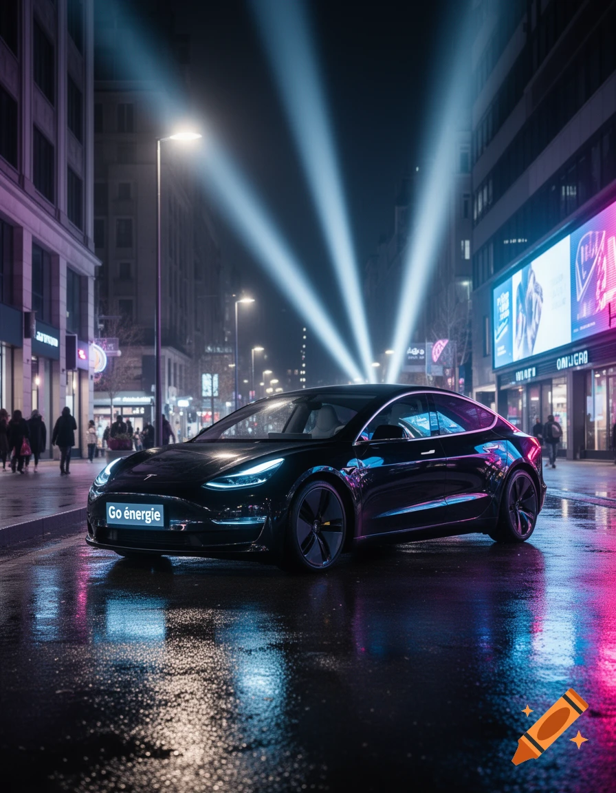 A black Tesla car with 'Go énergie' on its bumper, parked on a wet city street at night, illuminated by neon lights.
