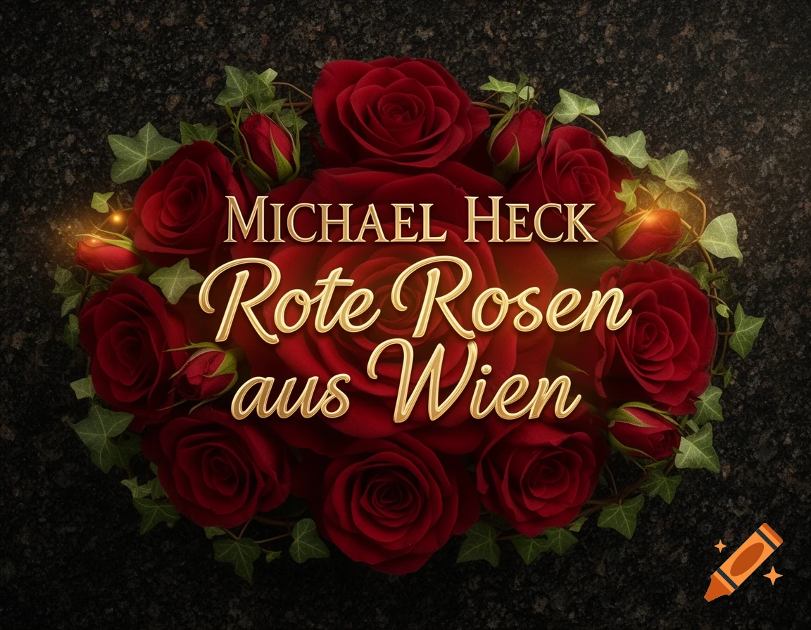 A wreath of deep red roses and green ivy on a dark textured background, with golden text 'MICHAEL HECK Rote Rosen aus Wien' in the center.