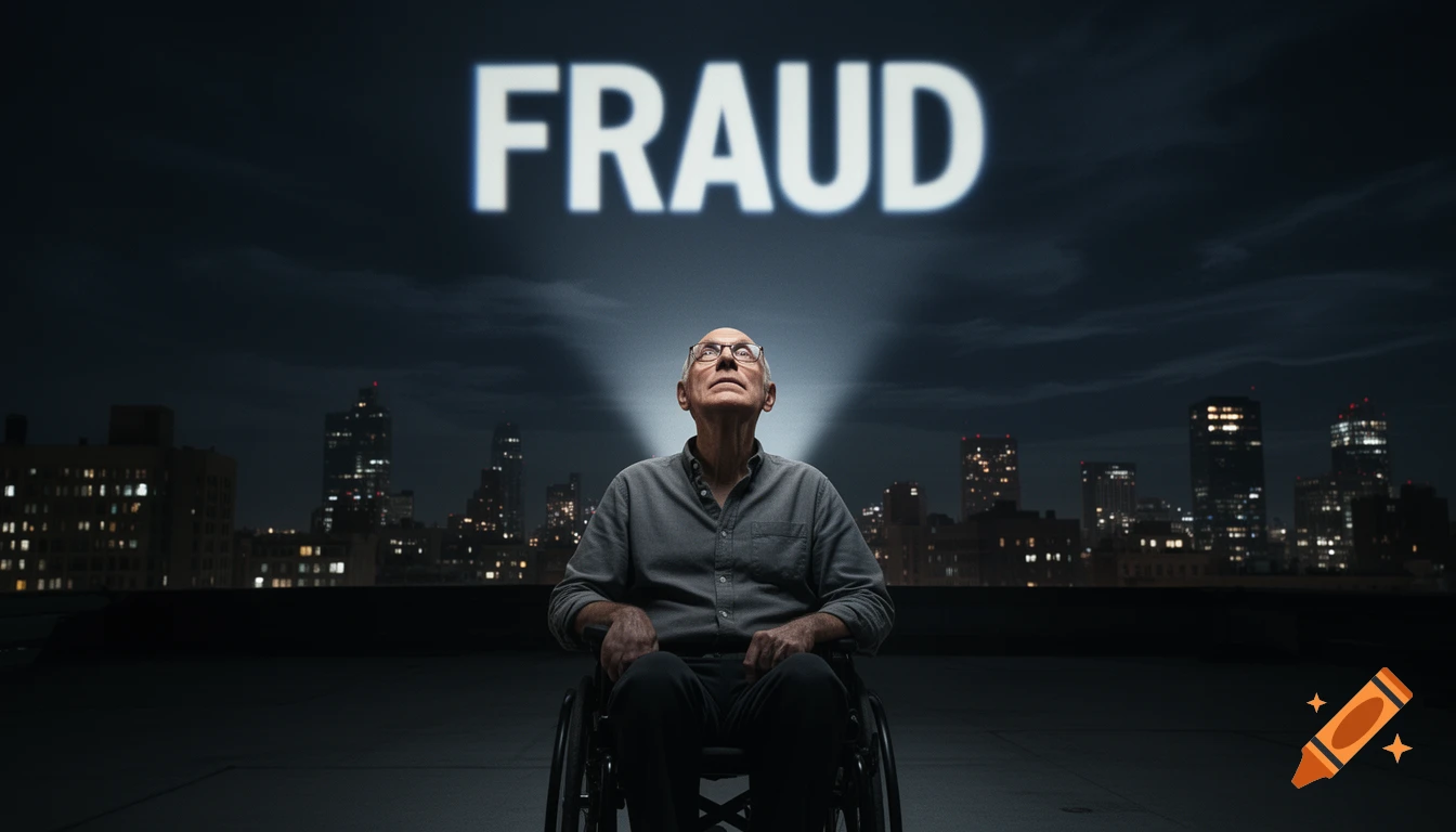 A bald man in a wheelchair on a rooftop looks up at the word 'FRAUD' projected like a signal into the night sky above a city.