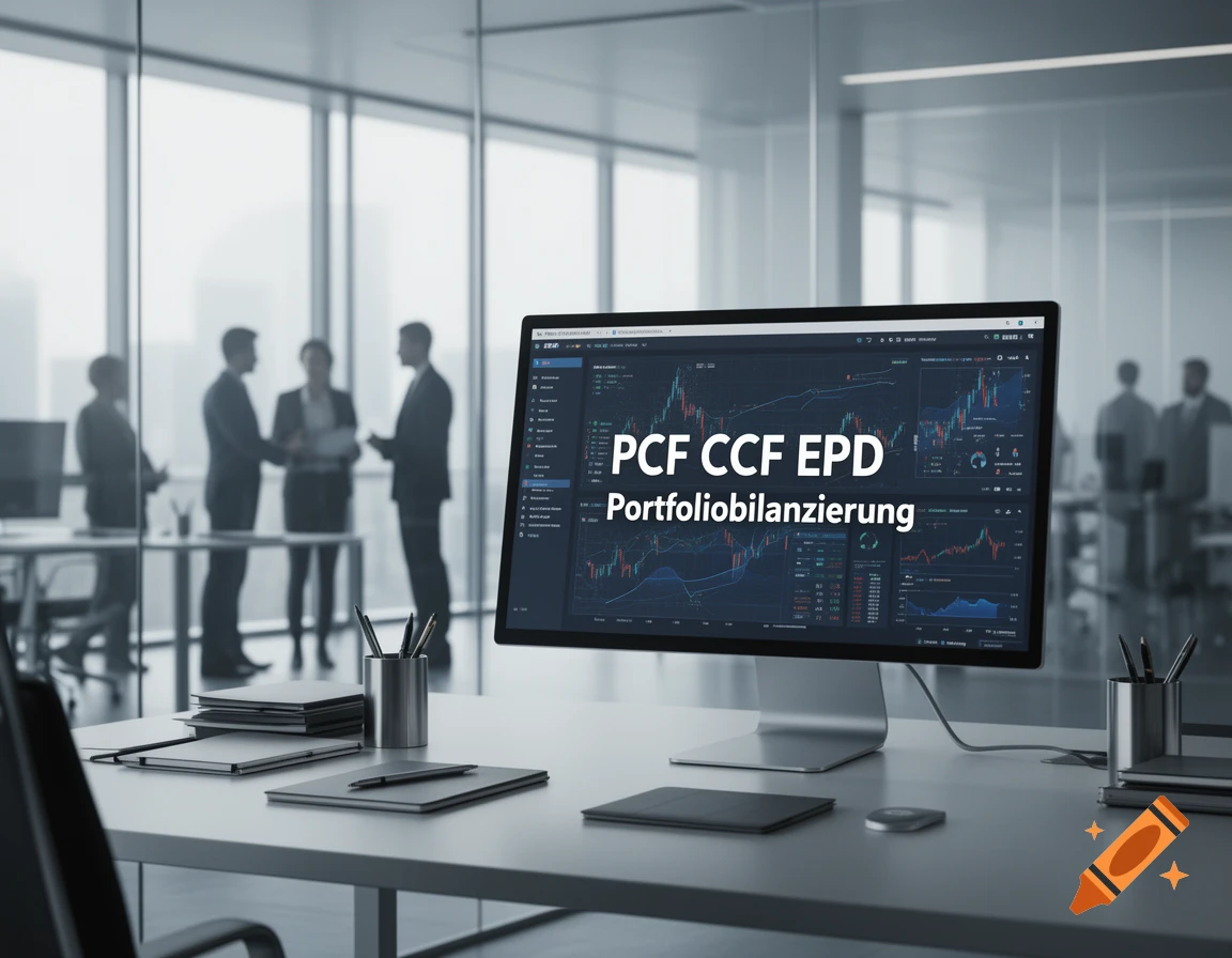 A computer monitor on a desk in a modern office displays financial charts and 'PCF CCF EPD Portfoliobilanzierung', with blurred business people in the background.