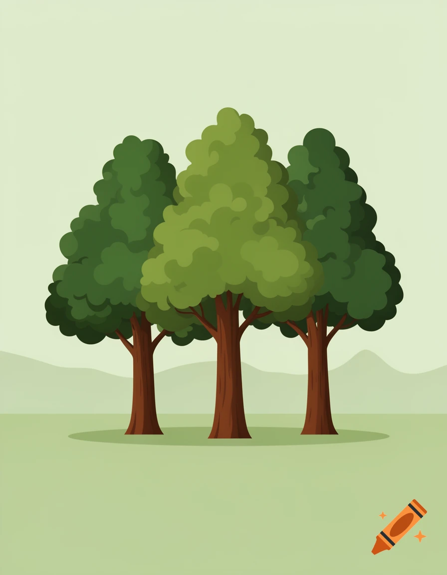 Three stylized green trees with brown trunks stand on a grassy field with subtle hills in the background, in vector graphics.