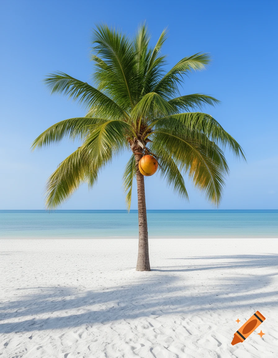 A single palm tree with a coconut stands on a white sandy beach under a clear blue sky, with the ocean in the background.