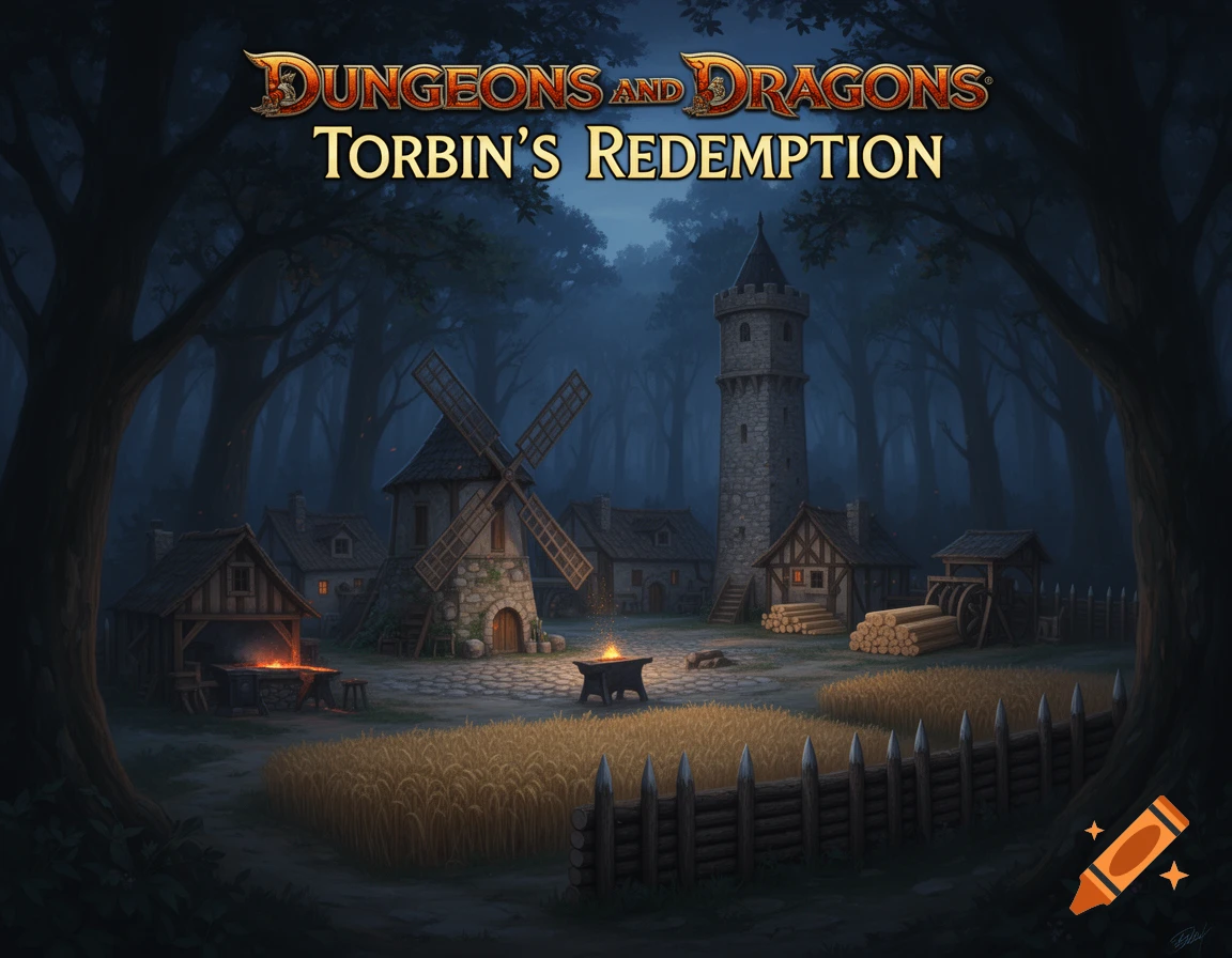 A stylized medieval village at dusk in a dark forest with a windmill, tower, blacksmith, and farm. Text "Dungeons and Dragons Torbin's Redemption" is at the top.