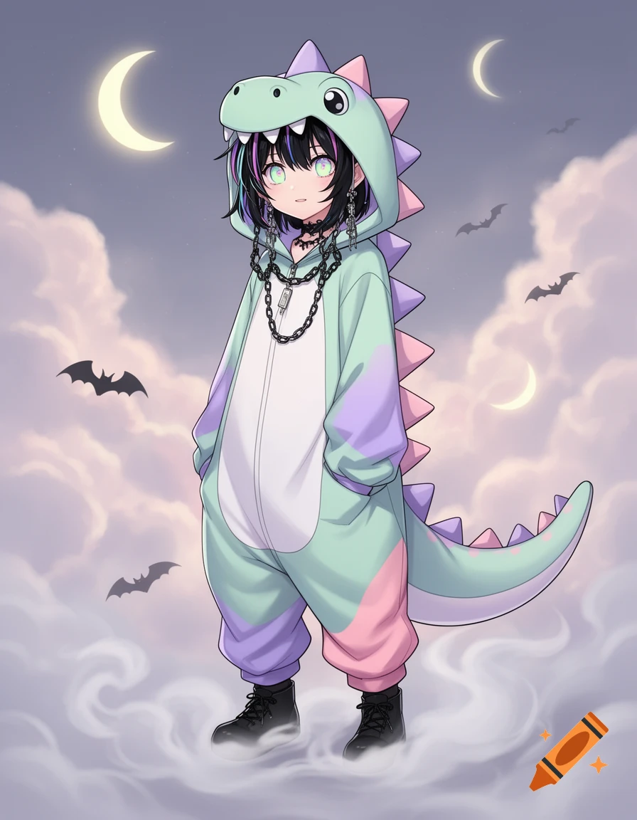 An anime girl in a pastel green and purple dinosaur onesie stands on clouds, with crescent moons and bats in the sky.