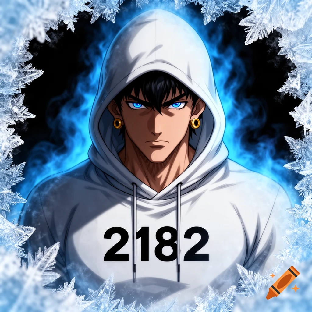 Anime-style man in a white hoodie with '2182' on the chest, glowing blue eyes, and an icy blue aura, framed by ice crystals.