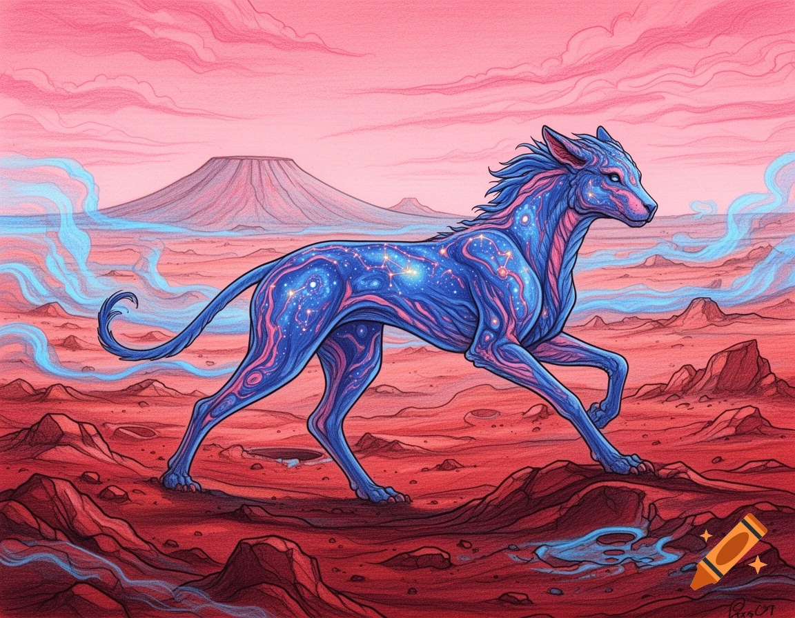 A blue and pink creature patterned with constellations runs on a red Martian landscape under a pink sky, in a hand-drawn style.