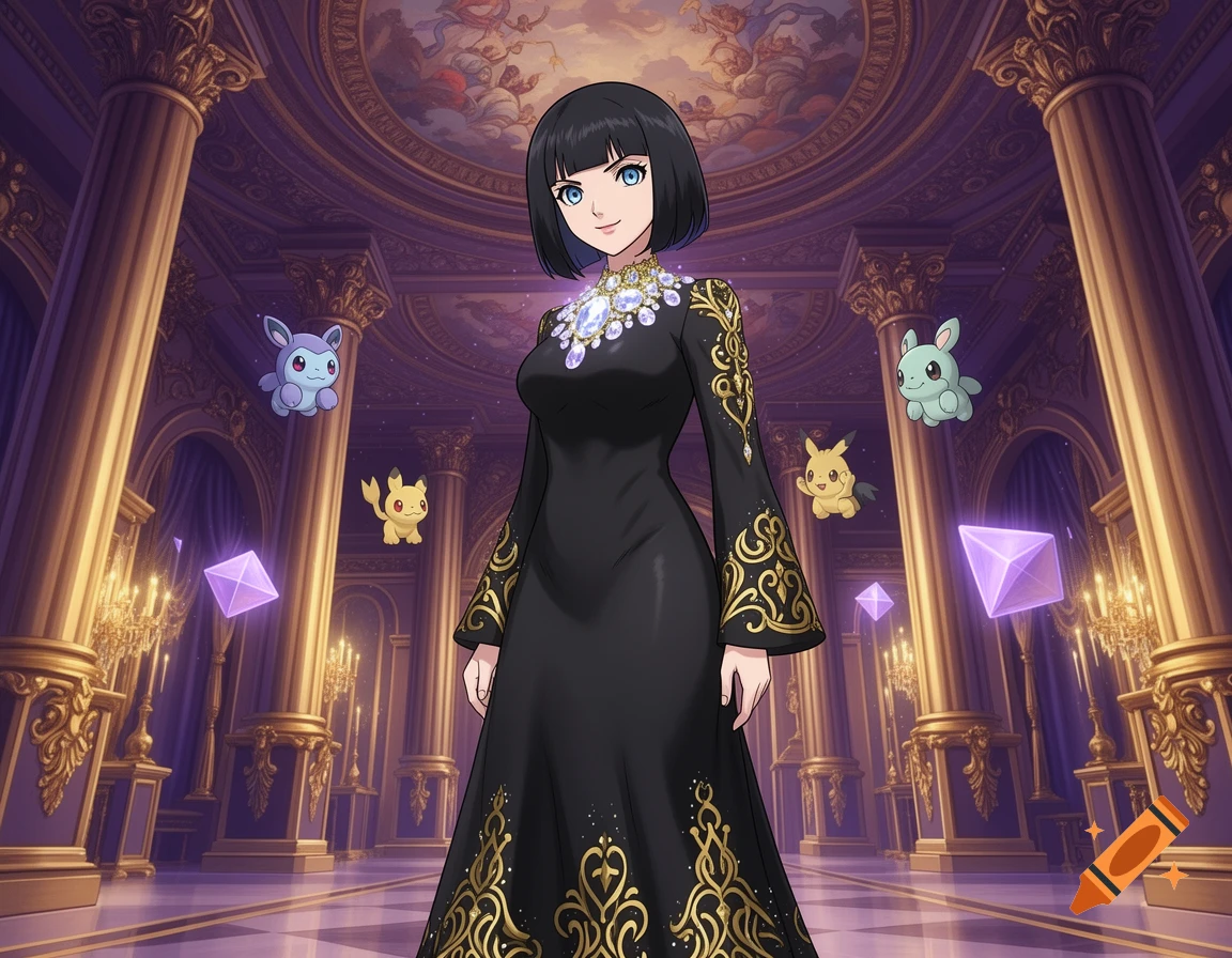 A black-haired anime woman in an ornate black and gold dress stands in a lavish purple palace with golden pillars, surrounded by floating Pokemon.