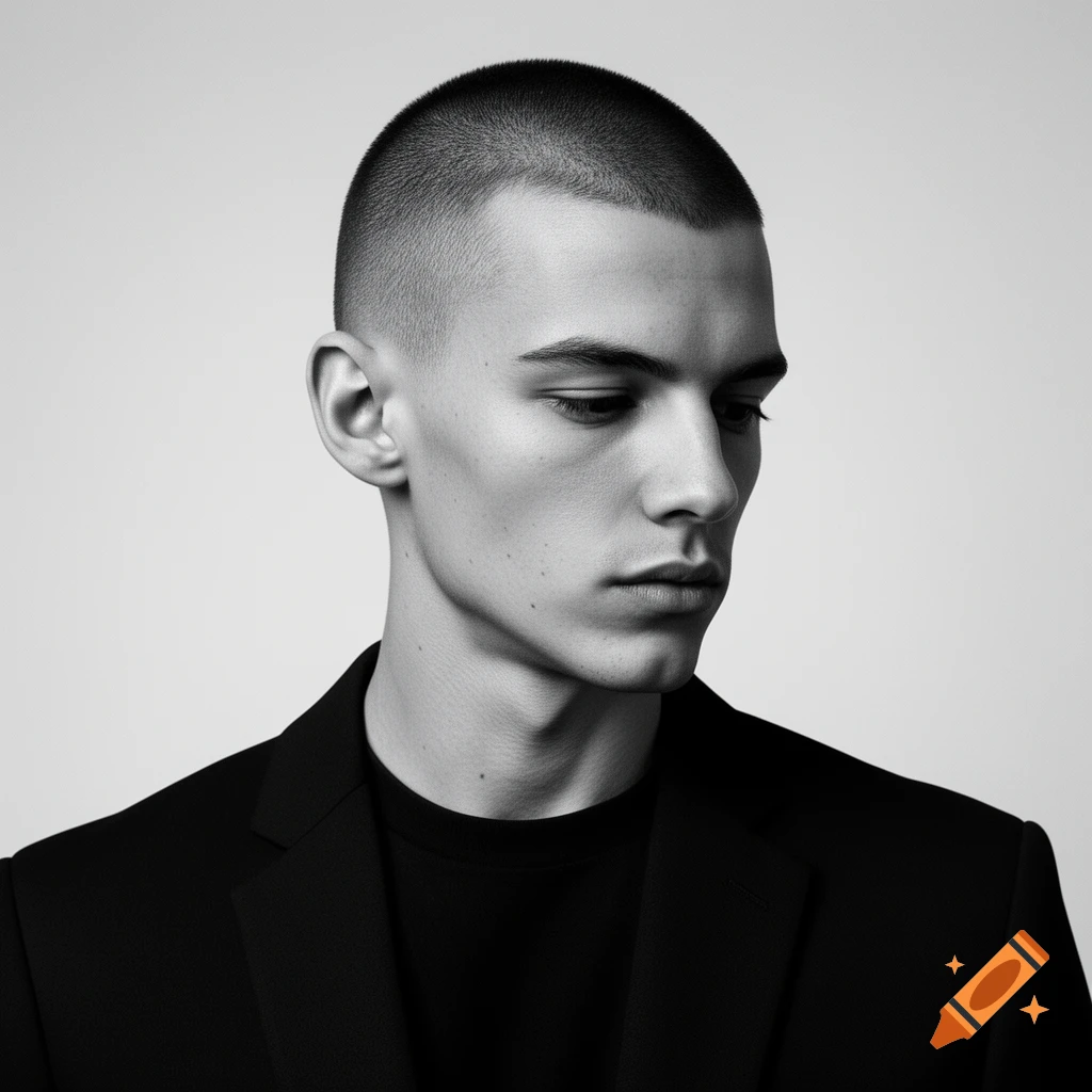Black and white minimalist portrait of a young man with a buzz cut, wearing a black jacket and t-shirt, looking down.