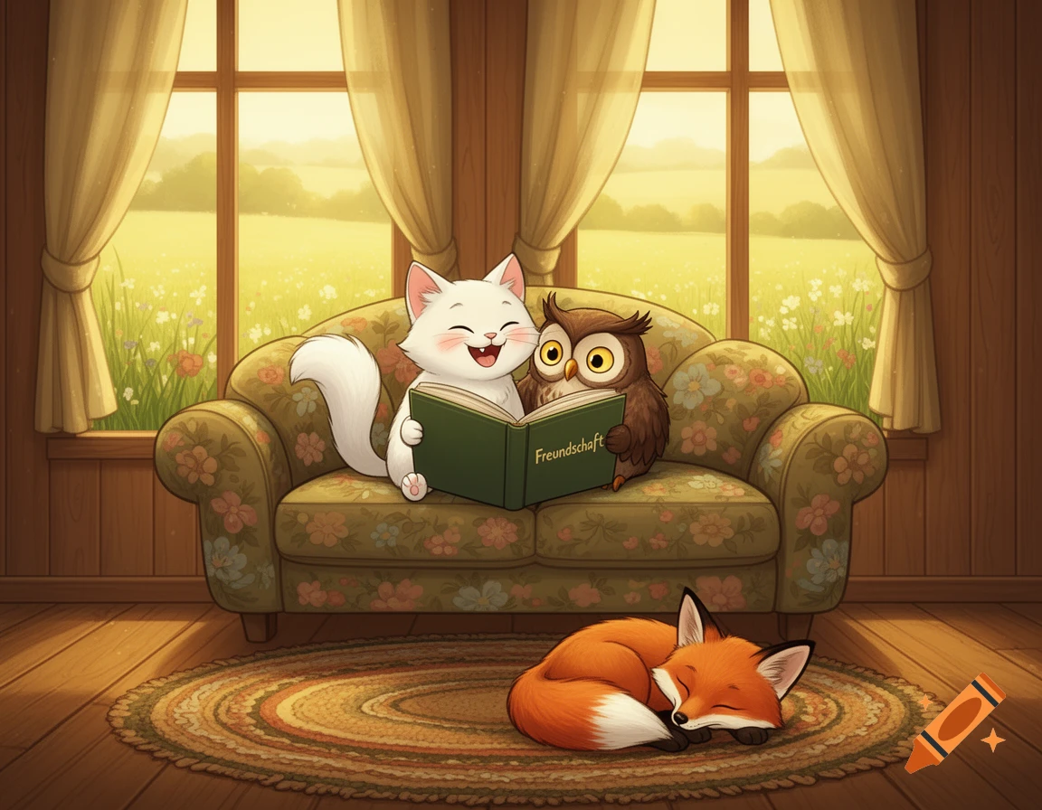 A happy cartoon cat and owl read a book on a floral sofa while a fox sleeps on a rug, in a cozy room with a window view.