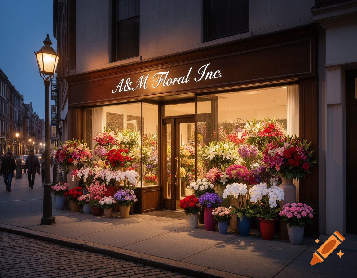 A photorealistic image of a vibrant flower shop with colorful flowers spilling onto a cobblestone sidewalk at dusk.