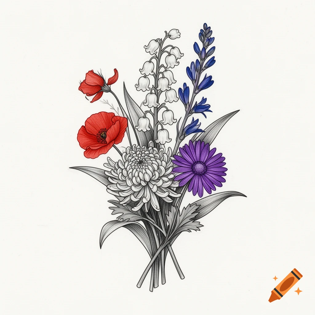 Detailed sketch of a floral bouquet with red poppies, white lilies of the valley, a white chrysanthemum, purple aster, and blue larkspur.