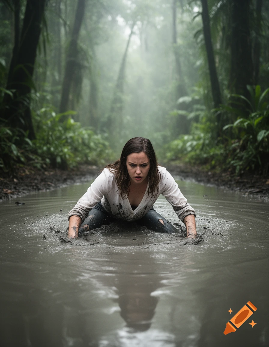 A distressed woman covered in mud struggles as she sinks into a muddy puddle in a lush, misty jungle.