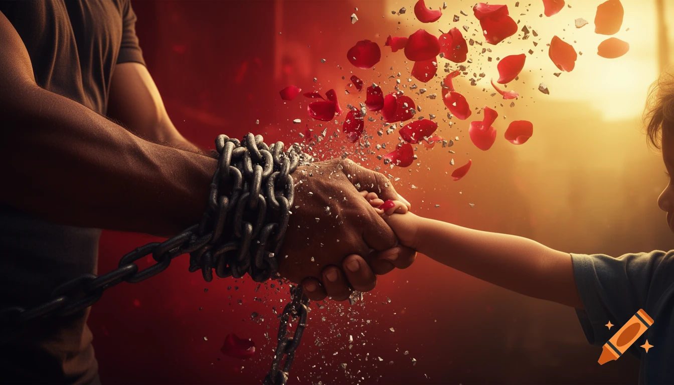 A muscular hand, with chains breaking into petals, reaches out to hold a child's hand against a red and golden background.