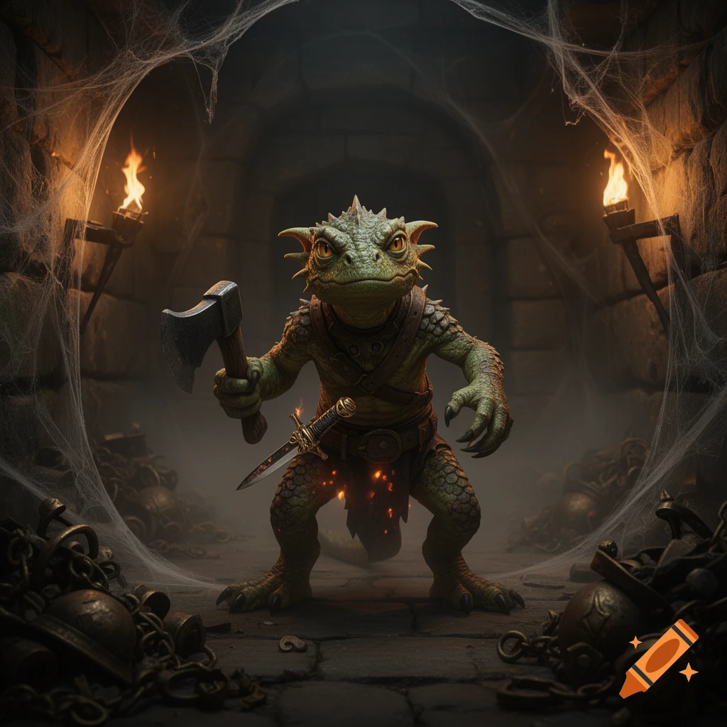 A green, scaly kobold-like creature crouches in a dark, cobweb-filled dungeon, holding an axe and wearing a dagger.