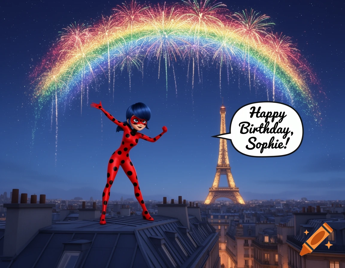 Ladybug poses on a Paris rooftop with rainbow fireworks, the Eiffel Tower, and a speech bubble saying 'Happy Birthday, Sophie!'