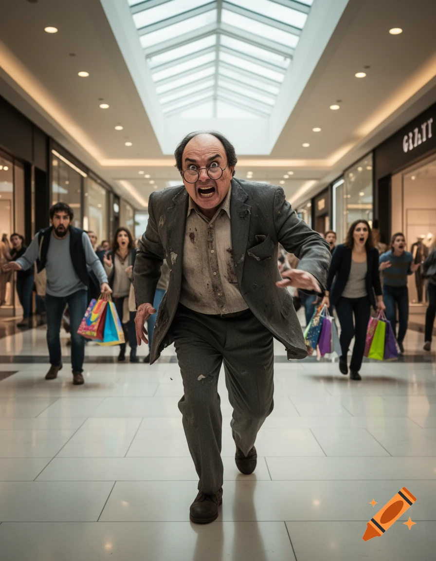 A screaming, disheveled man in glasses runs frantically through a bright shopping mall as fearful shoppers react behind him, photorealistic.