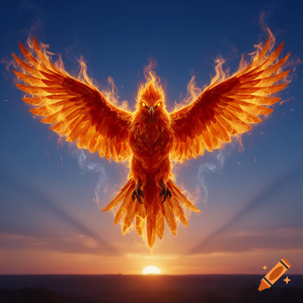 A majestic fiery phoenix with outstretched wings soars against a vibrant sunset sky.