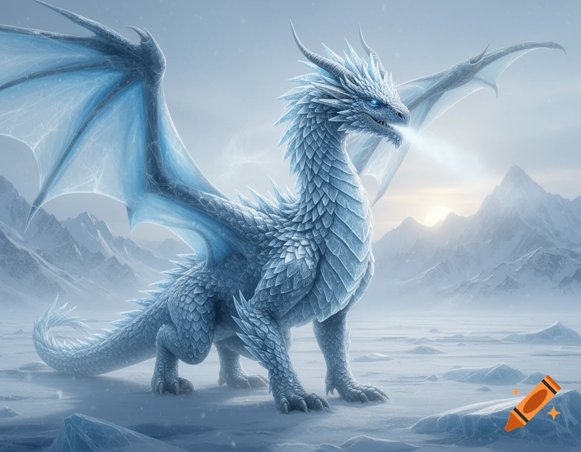 A majestic ice dragon with blue glowing eyes breathes icy mist in a snowy, mountainous landscape with a bright sky.