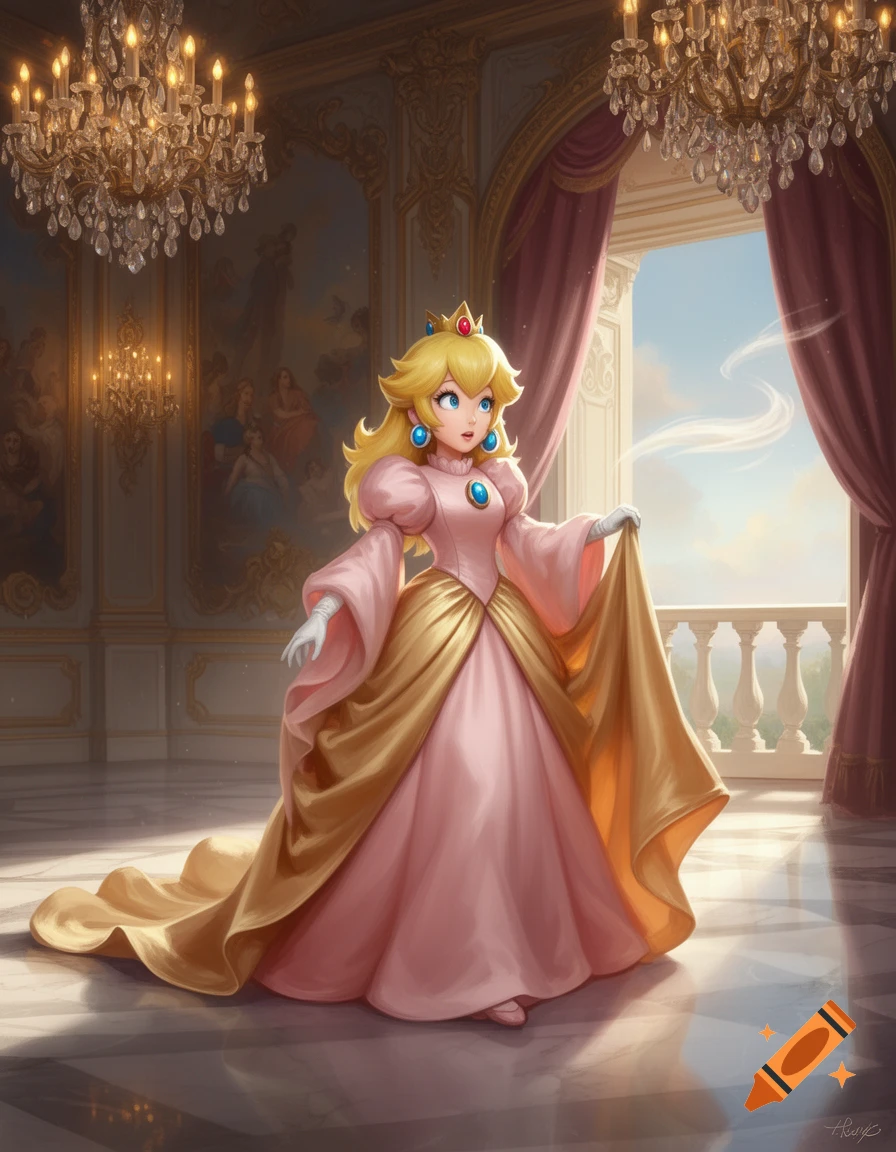 Princess Peach in a voluminous pink and gold gown, posing in a grand ballroom with chandeliers and a balcony.