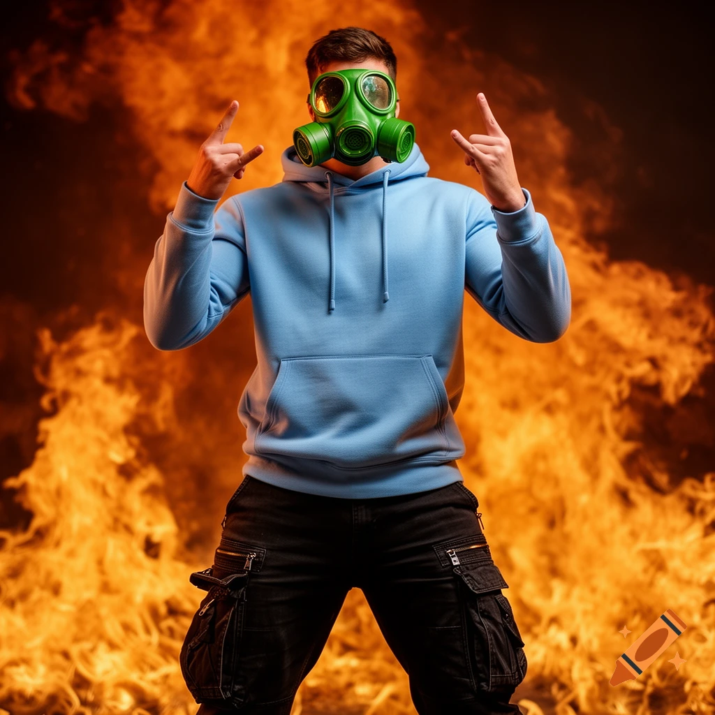A man in a light blue hoodie and black cargo pants wears a green gas mask and makes rock-on hand gestures in front of a wall of fire.