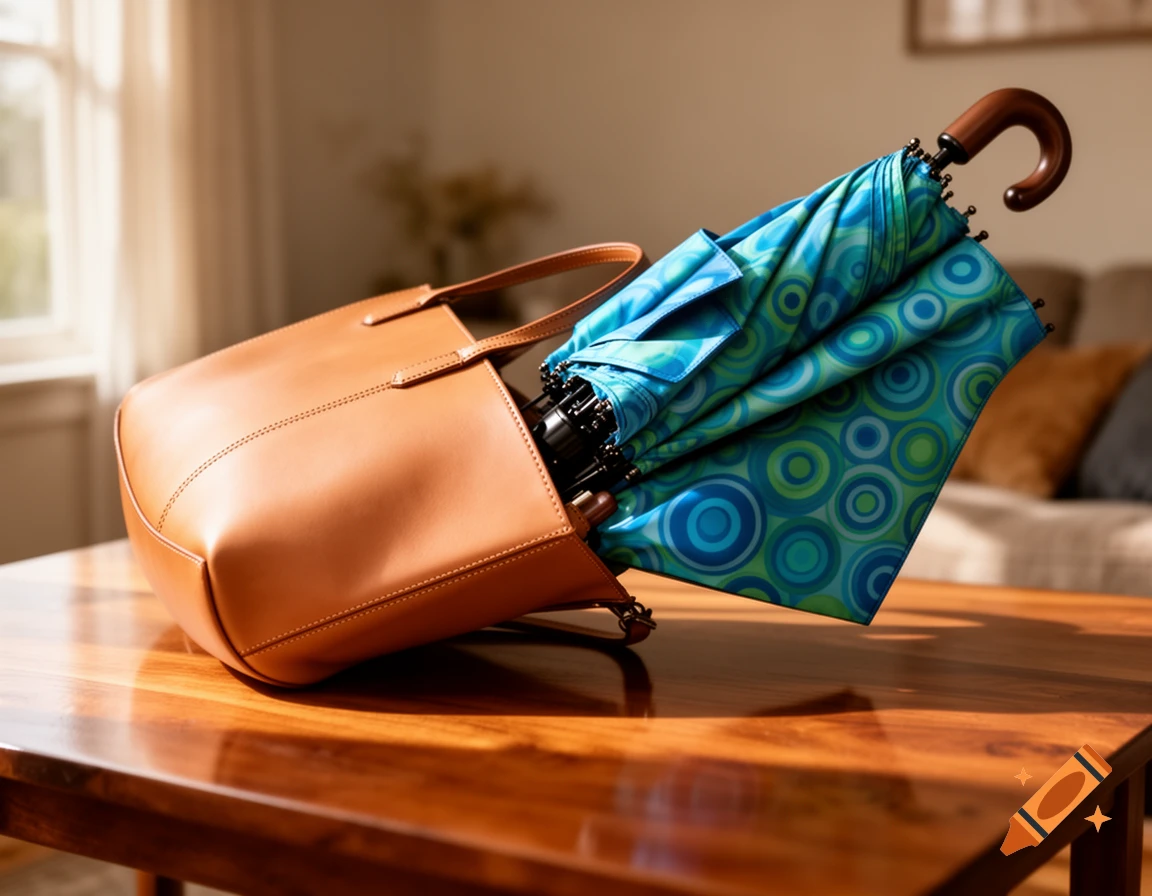 A brown leather handbag on a glossy wooden table, with a blue and green patterned umbrella partially out of it.