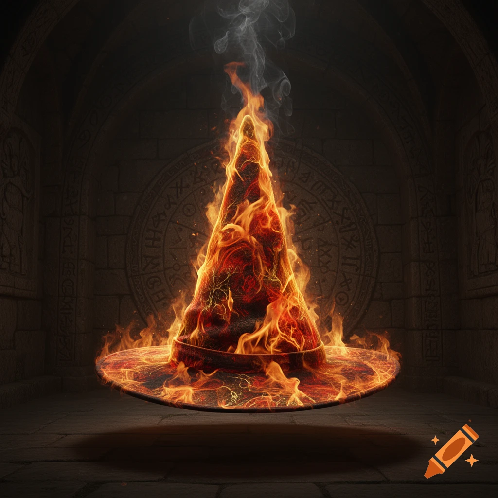 A dark wizard's hat engulfed in vibrant orange flames, with smoke rising from its peak, floats within a dimly lit stone chamber adorned with ancient, mystical symbols.