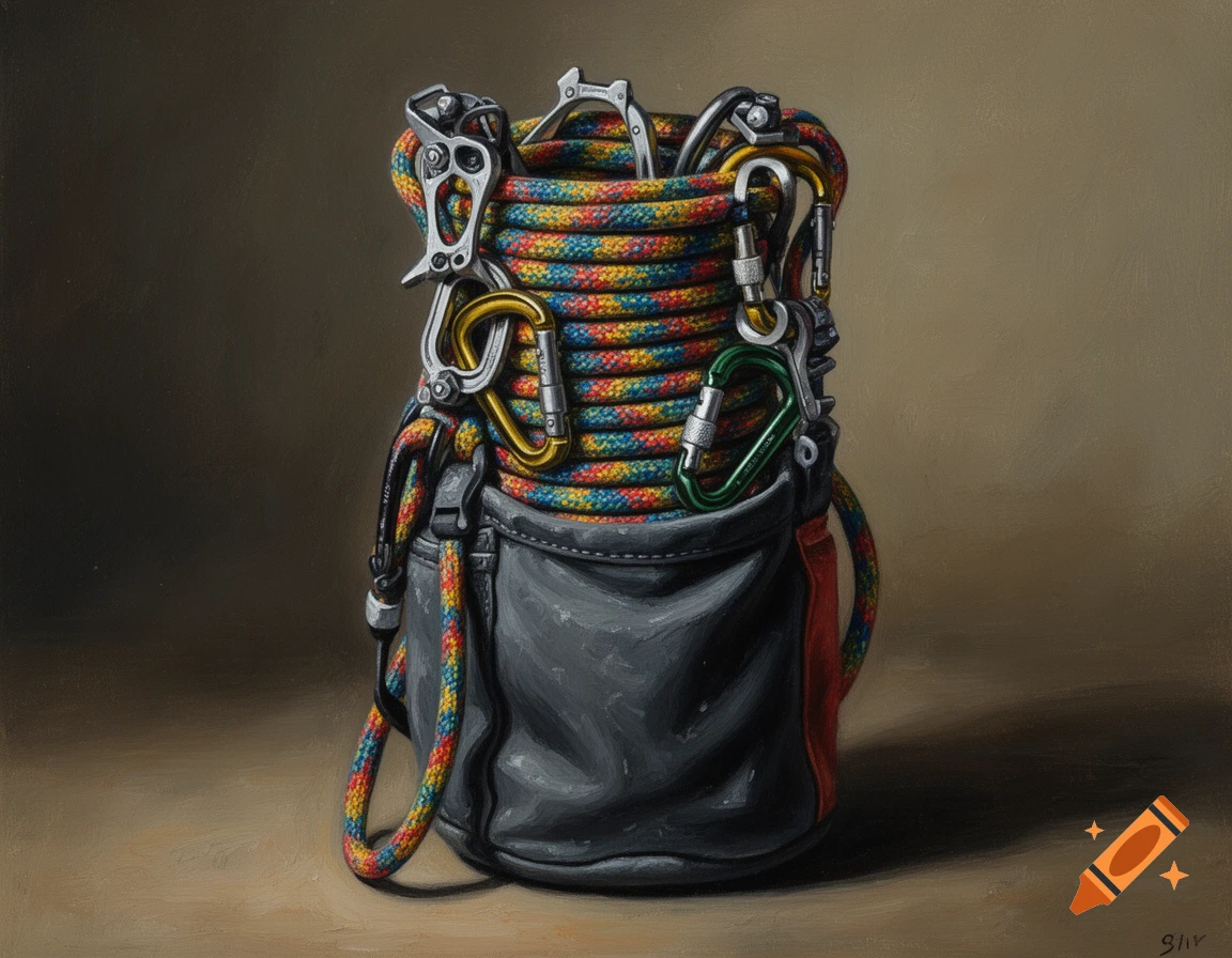 Acrylic painting of colorful coiled climbing rope in a grey chalk bag with metal carabiners attached.