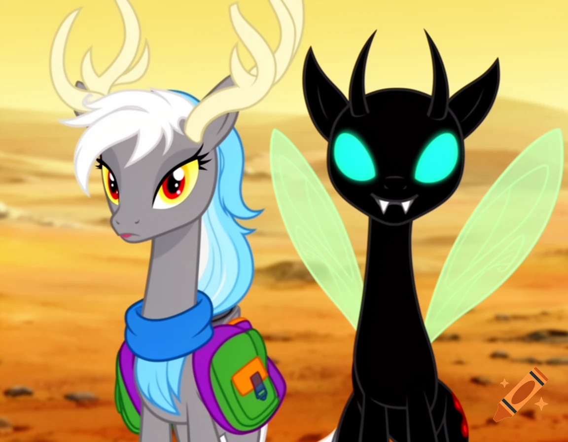 Two animated fantasy creatures, a grey deer-like character with antlers and a black insectoid creature, stand in a barren orange landscape.