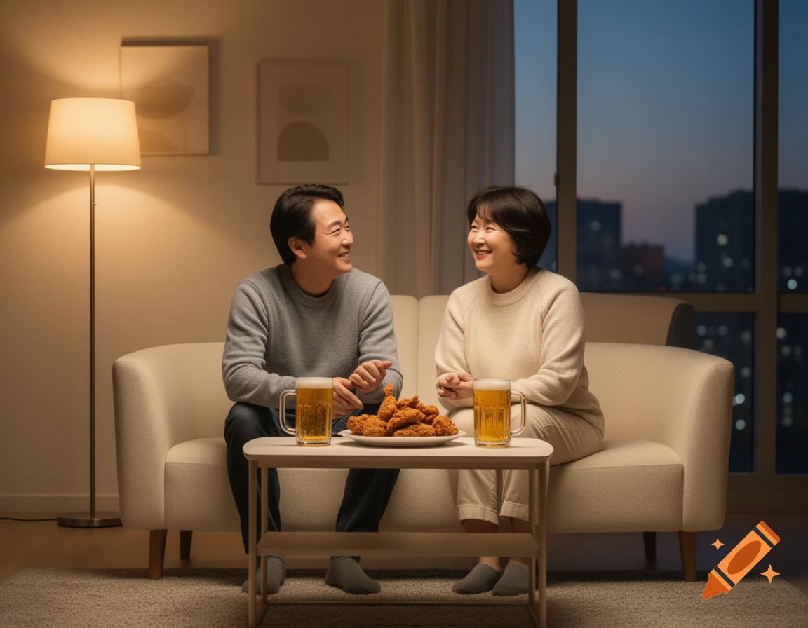 A smiling Korean couple sits on a couch in a cozy living room at night, sharing fried chicken and beer.