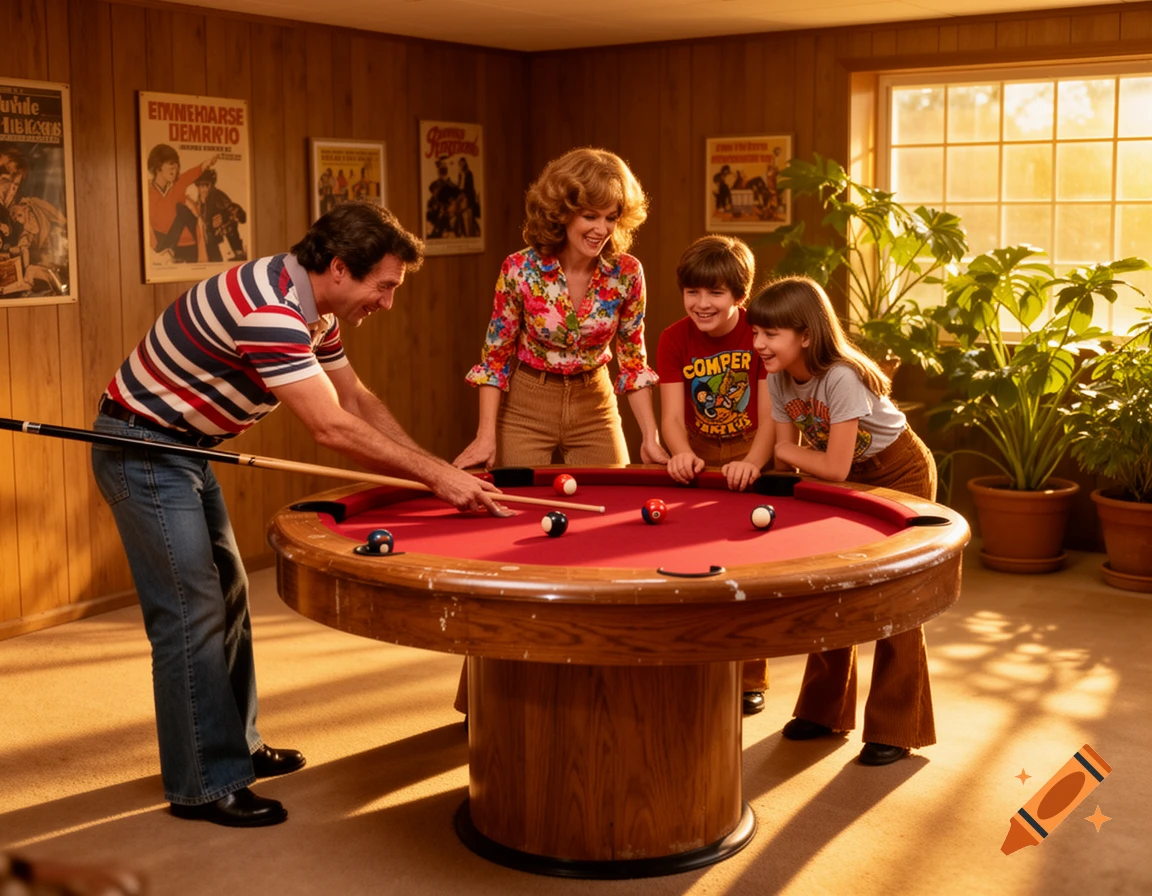A 70s-style family, including a father, mother, son, and daughter, smiling while playing bumper pool in a wood-paneled room.