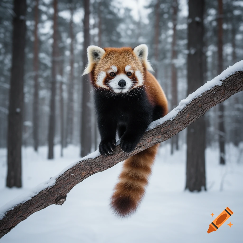 A cute photorealistic red panda sits on a snowy tree branch in a winter forest, looking forward.