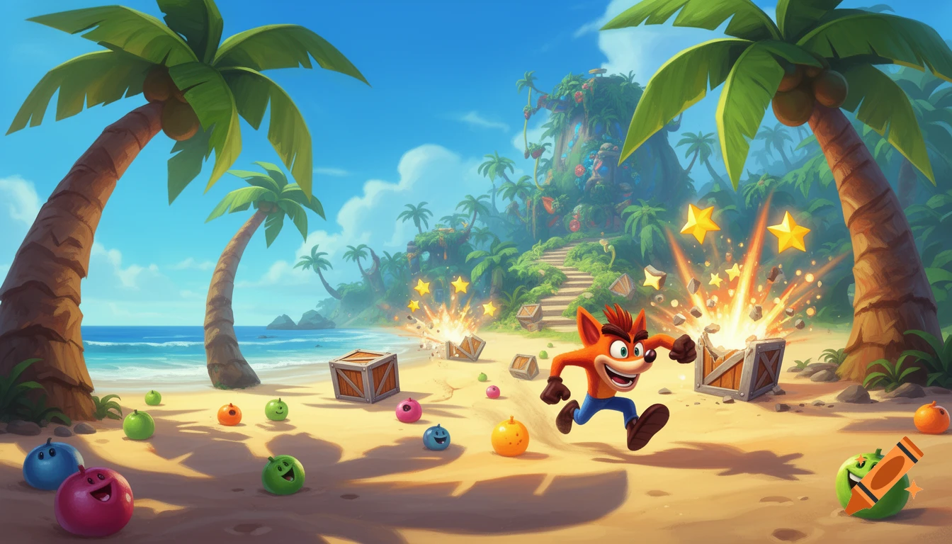 Crash Bandicoot runs on a sunny tropical beach, smashing wooden crates and collecting stars in a vibrant cartoon style.