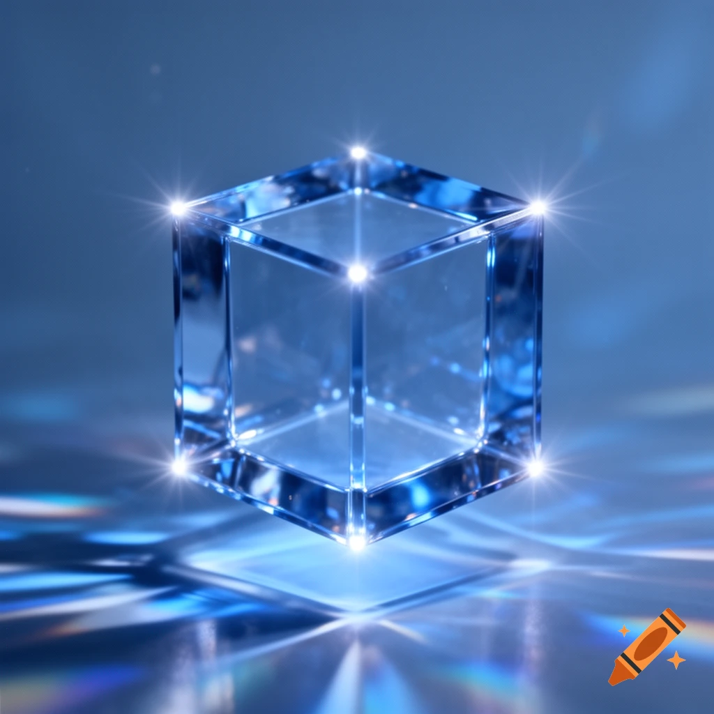 A glowing transparent blue cube with bright star-like points at its corners, reflecting light on a blue surface.