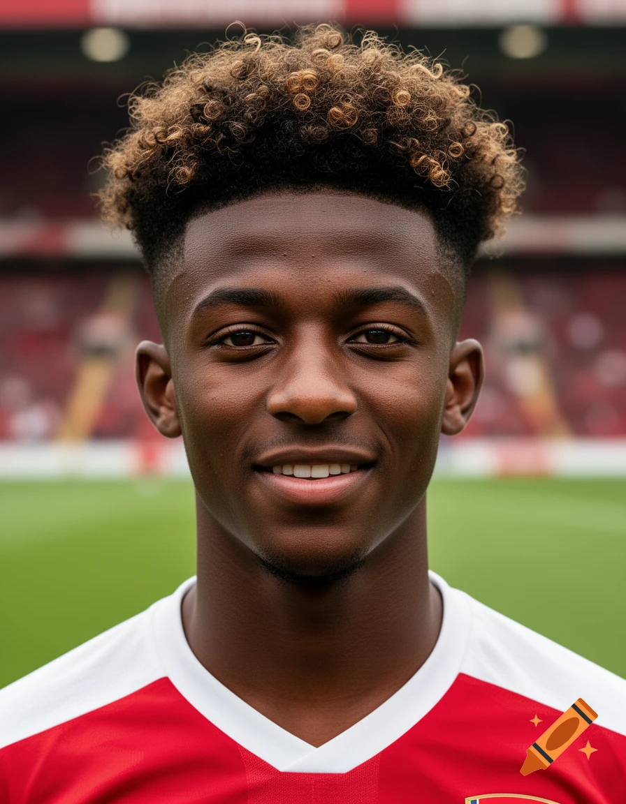 Photorealistic portrait of a young Black man with curly brown hair, smiling in a red and white Arsenal football jersey, blurred stadium background.