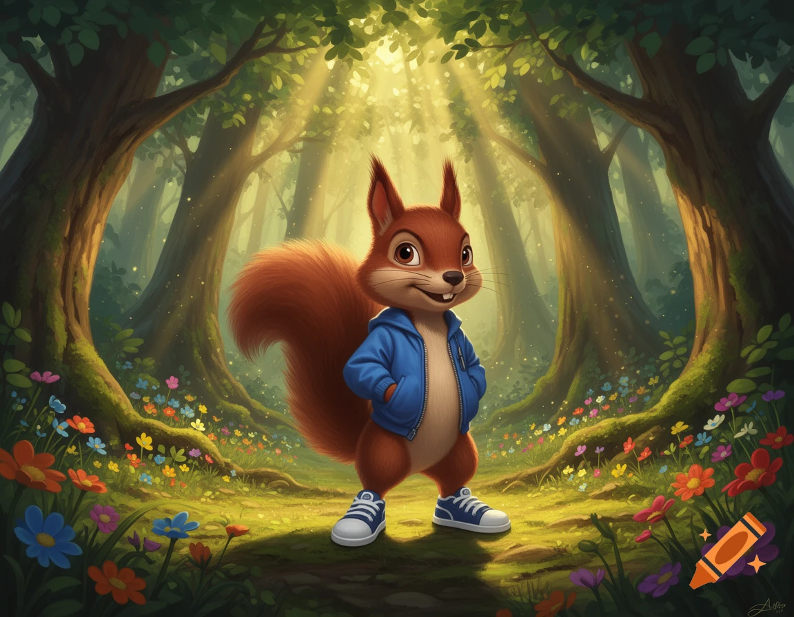 A friendly-looking cartoon squirrel in a blue hoodie and sneakers stands in a vibrant, sun-dappled forest among colorful flowers.