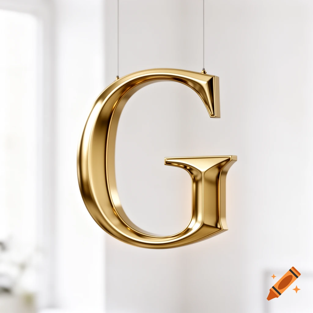 A shiny gold 3D capital letter G, suspended in a bright, minimalist room.