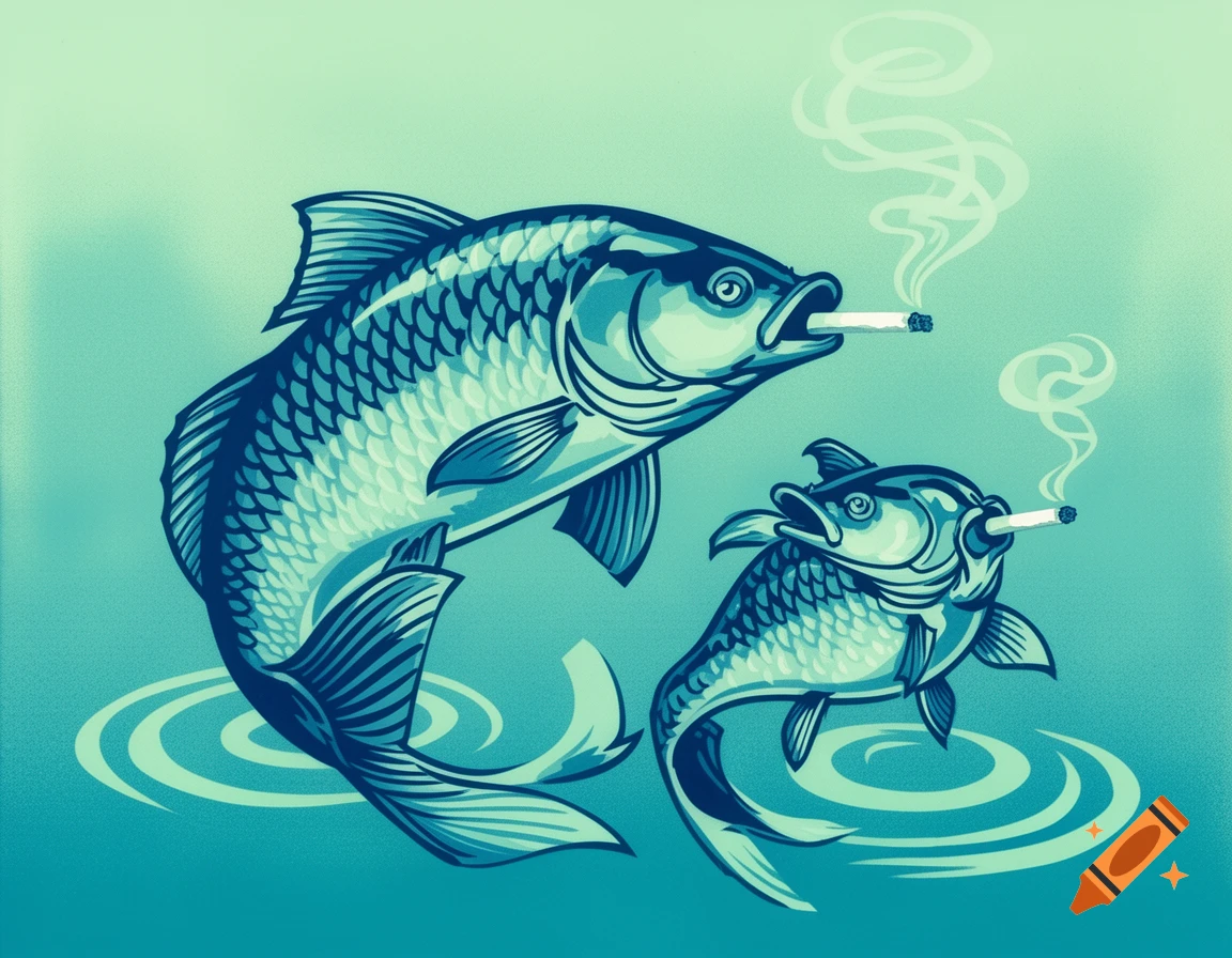 A stylized drawing of two blue-green fish, one larger than the other, both with lit cigarettes in their mouths, emitting smoke.