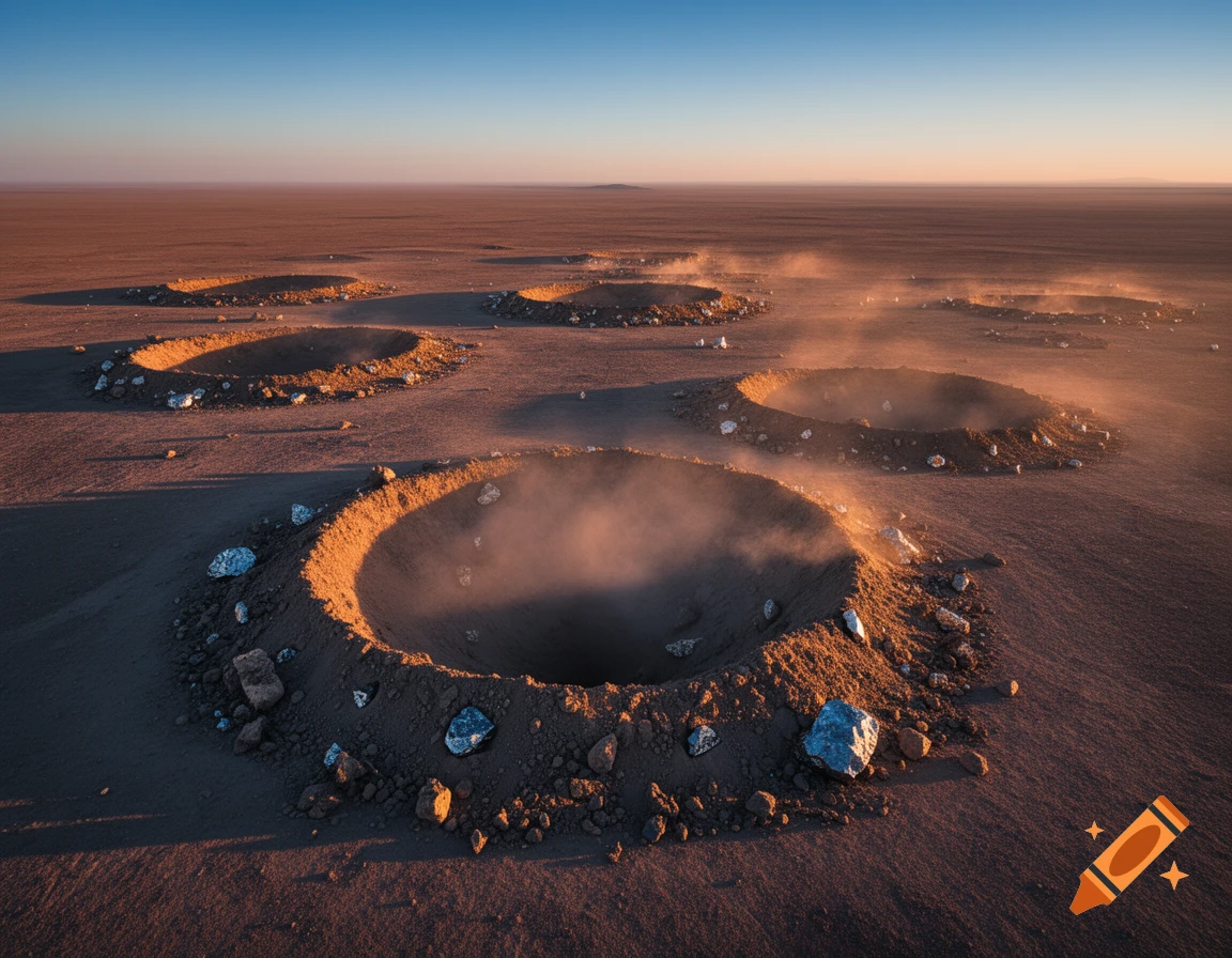 Photorealistic aerial view of multiple circular craters in a vast, sandy desert landscape at sunset, with dust rising from some.