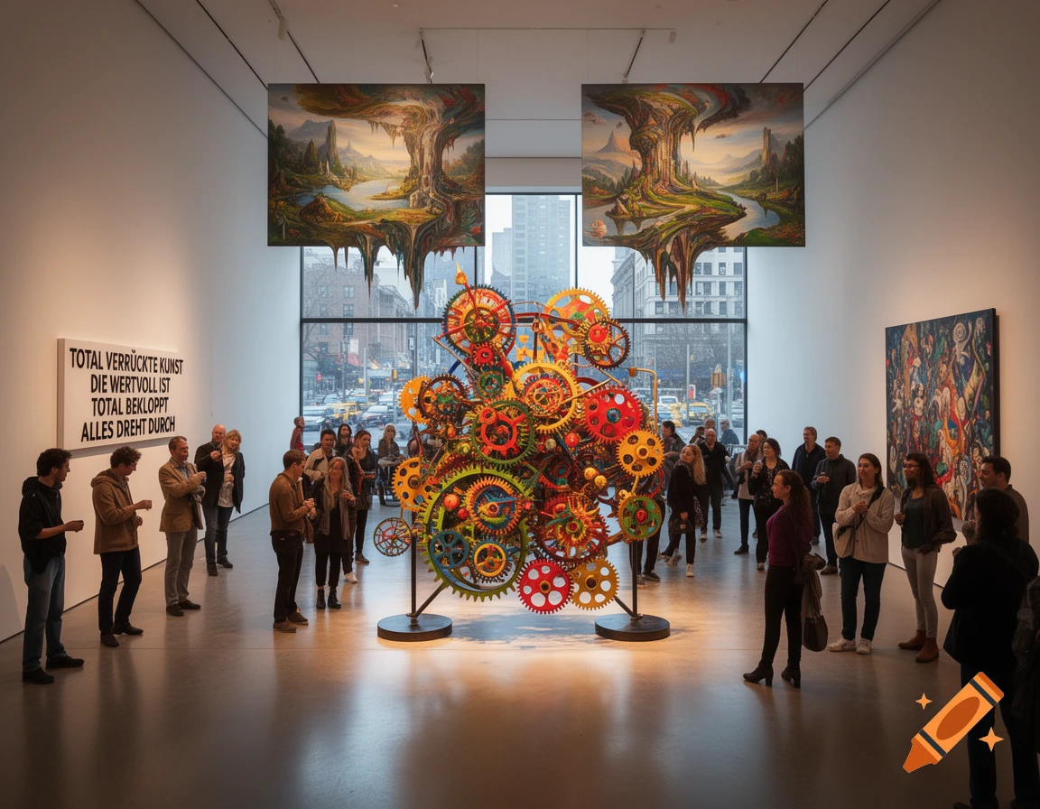 People in a modern art gallery viewing a colorful gear sculpture, surreal landscape paintings, and a text art piece.