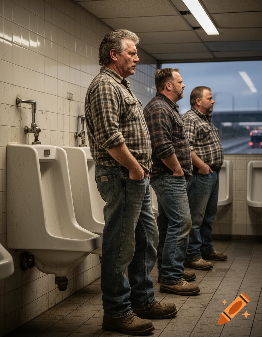 Three men in plaid shirts stand at urinals in a somewhat dirty public restroom, with a road visible through the window.
