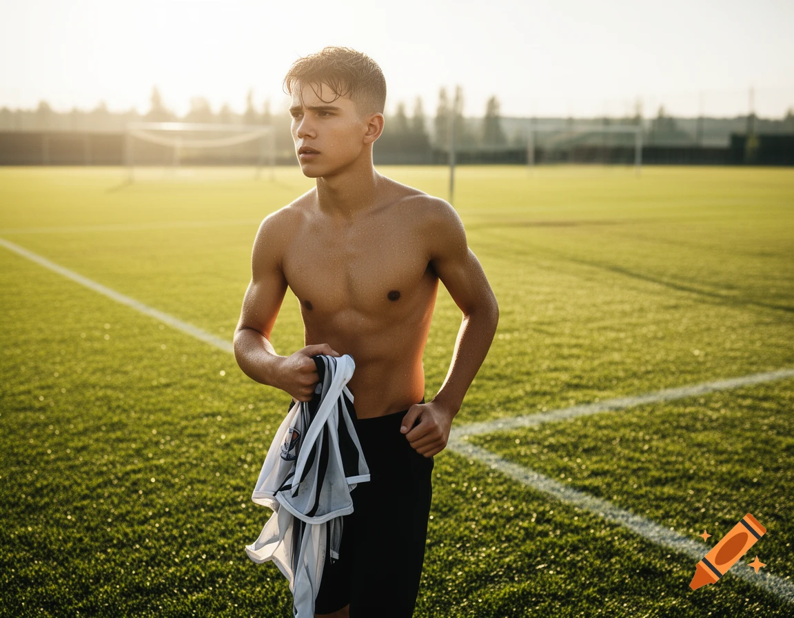 A shirtless, sweaty young man with short dark hair stands on a green soccer field at sunset, holding a white and black jersey.
