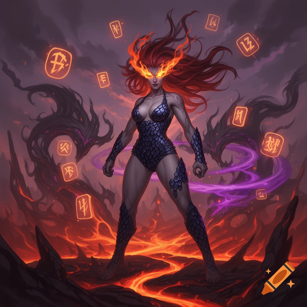 A muscular female warrior with fiery hair and eyes, wearing a scaly outfit, stands on a lava-filled landscape with glowing runes in a fantasy style.
