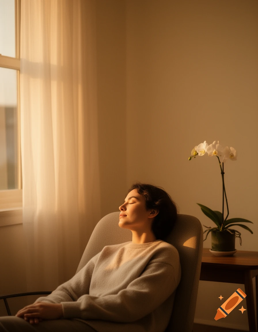 A woman with closed eyes relaxes in an armchair, bathed in warm sunlight from a window, next to an orchid plant. Photorealistic.