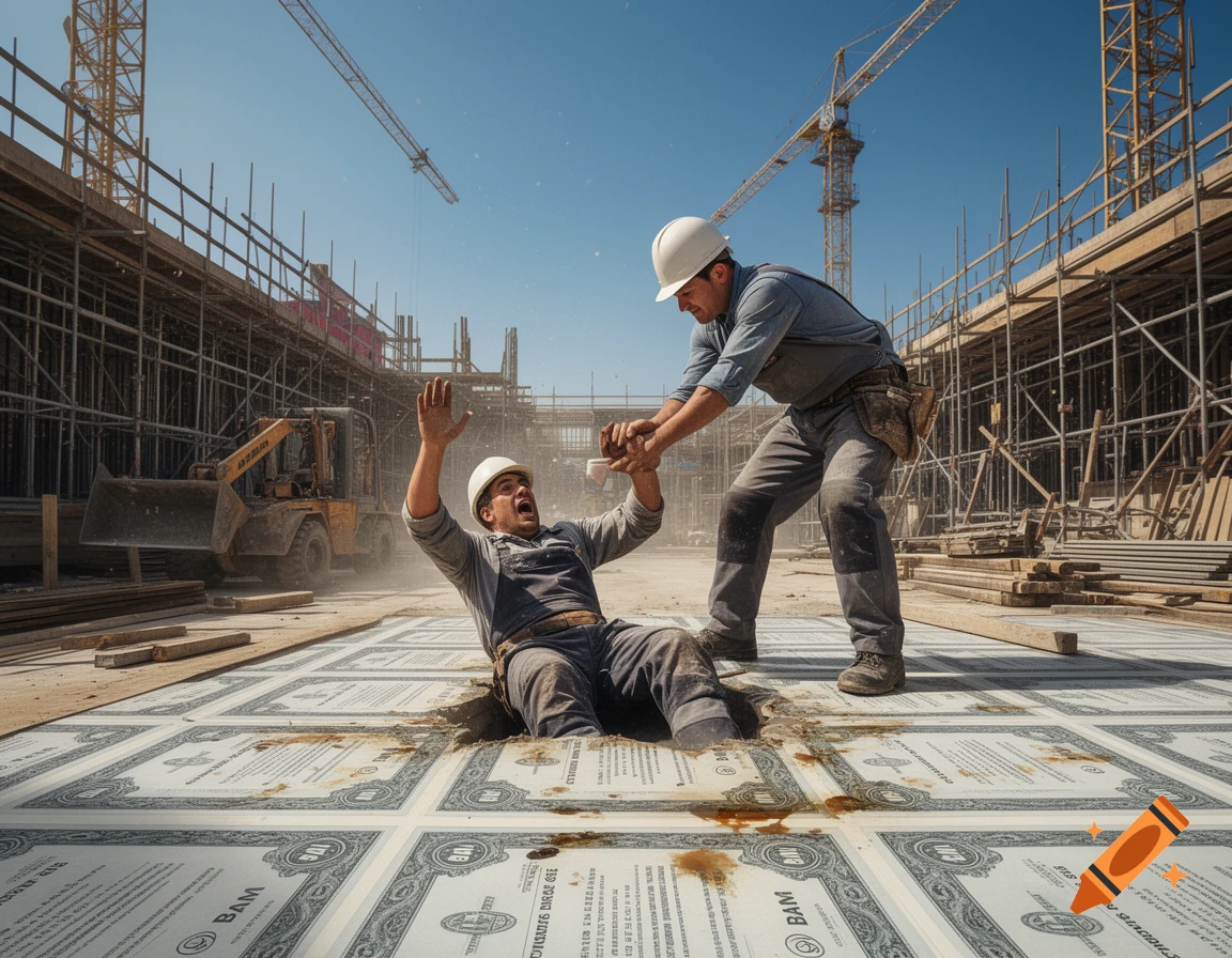 Two construction workers, one falling through a floor made of stock certificates, are helped by the other at a construction site. Photorealistic.