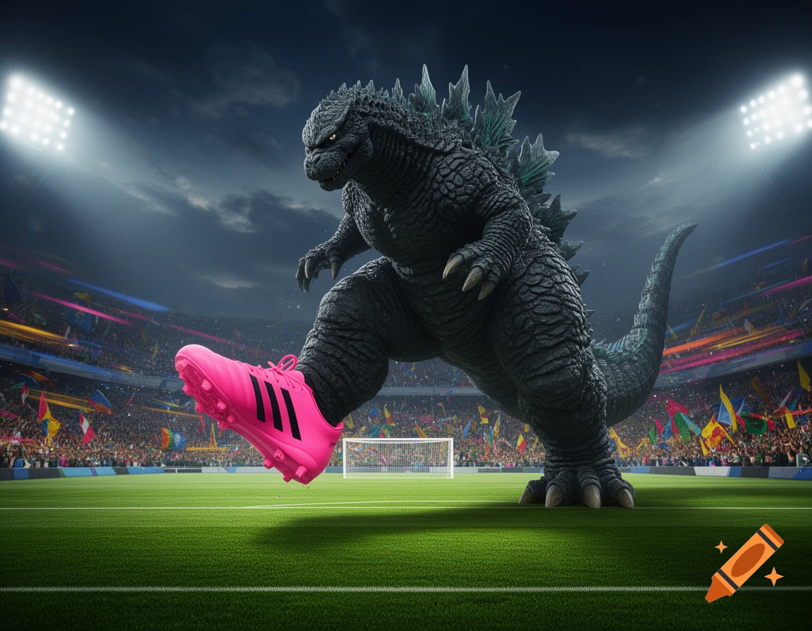 Photorealistic Godzilla in a pink soccer cleat on a stadium field, about to kick a ball.