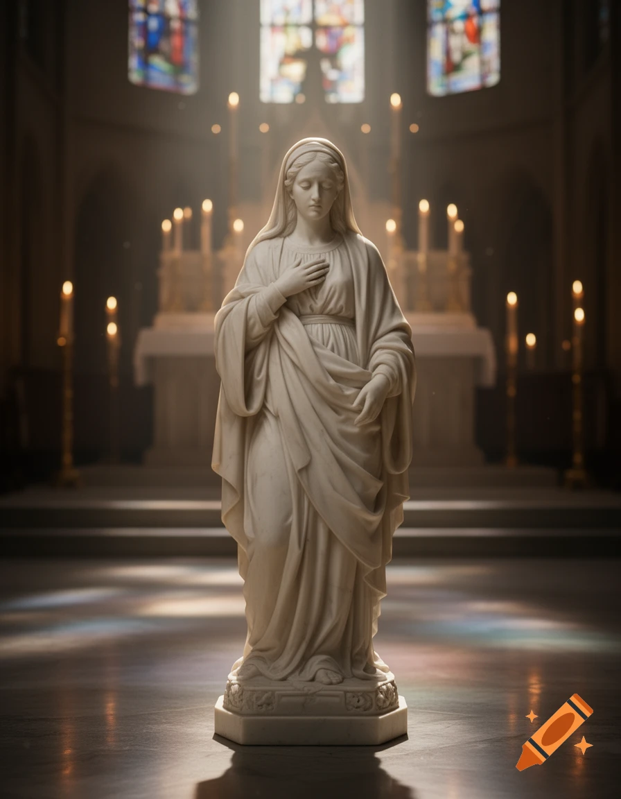 Photorealistic marble statue of the Virgin Mary in a dimly lit church, lit by stained glass windows and candles.