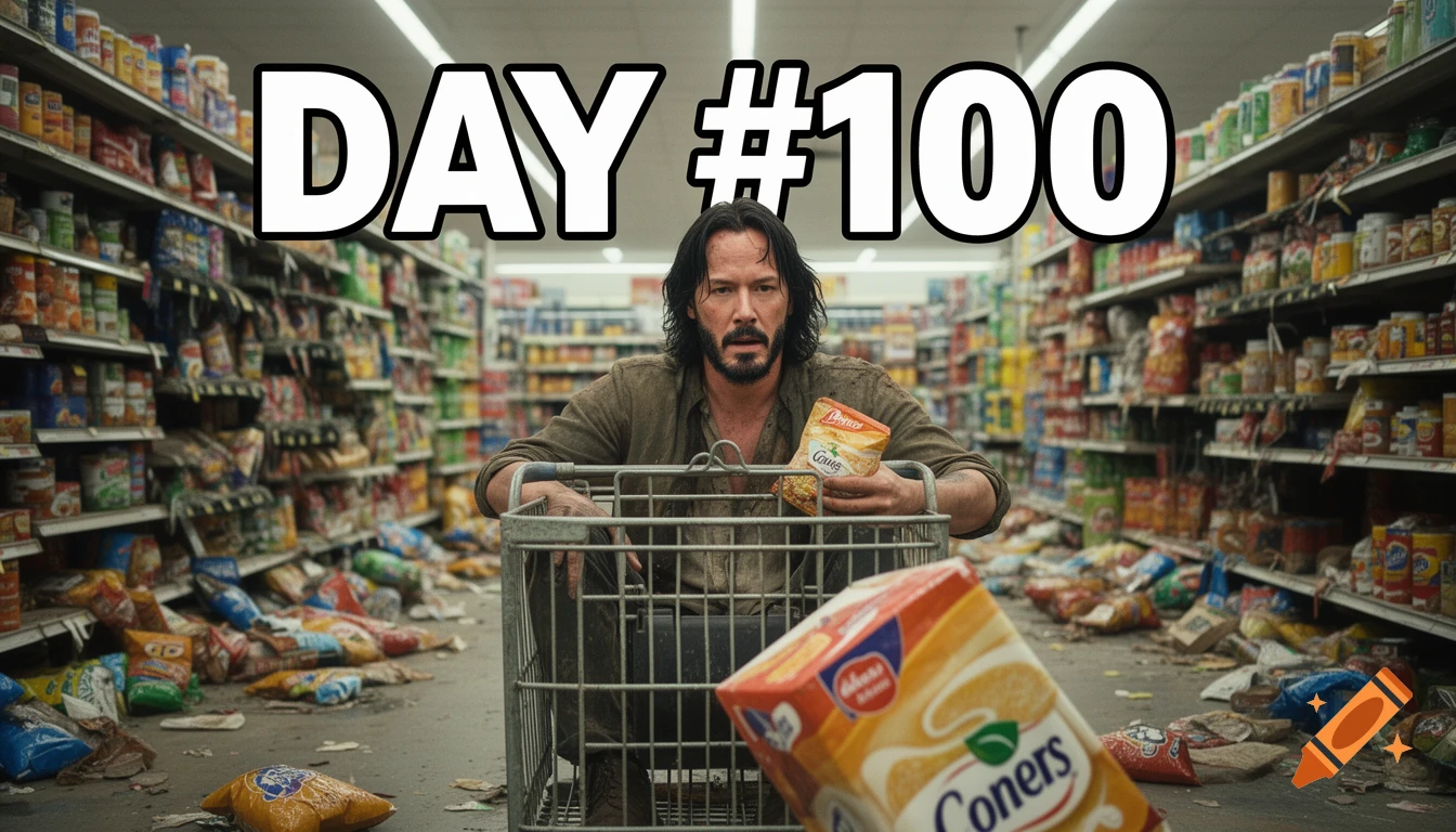 Keanu Reeves, looking disheveled, sits in a shopping cart in a messy grocery store with scattered products. Large text "DAY #100" appears at the top.