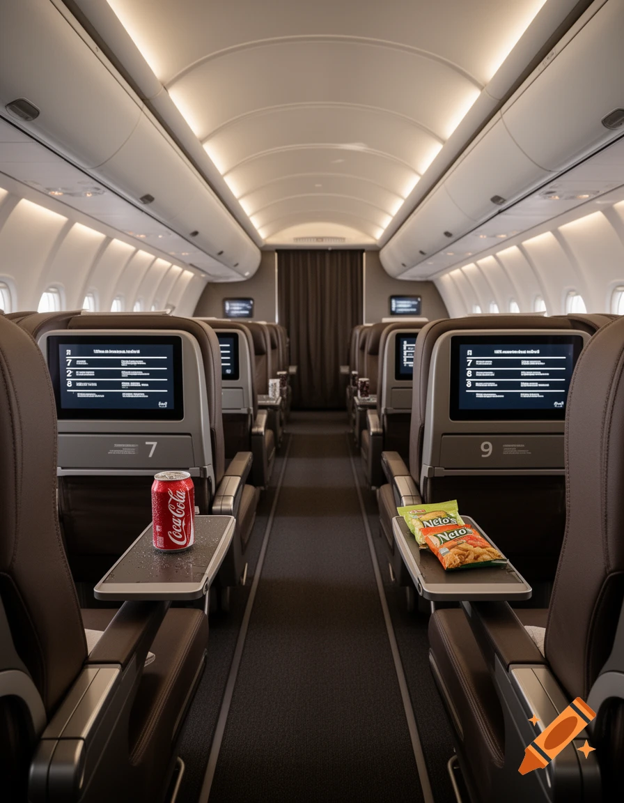 Photorealistic interior view of an empty airplane cabin with an aisle, brown seats, and tray tables holding a Coca-Cola can and snack bags.