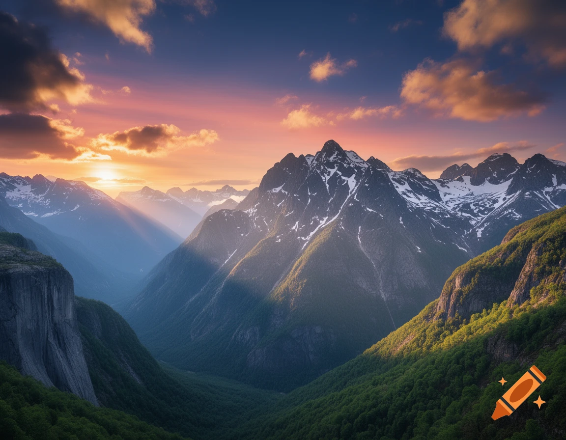 A photorealistic mountain landscape featuring snow-capped peaks and lush green valleys under a vibrant orange and pink sunset.
